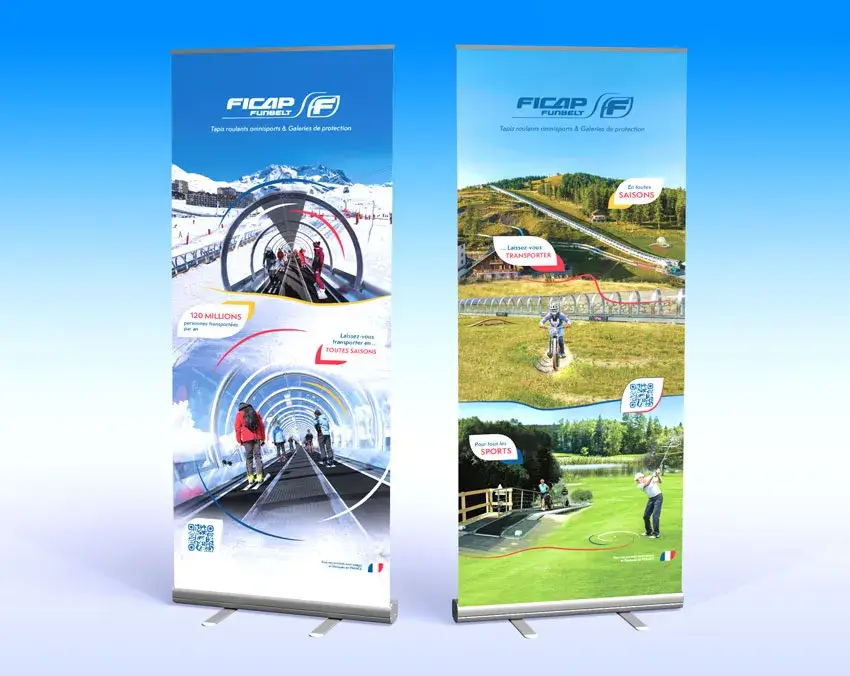 Murs toilés d'exposition recto/verso Funbelt : tapis roulants de loisirs omnisport, 4 saisons